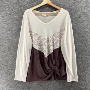 Hailey & Co Blouse Women 3XL Beige Striped V-Neck Long Sleeve Rayon Casual